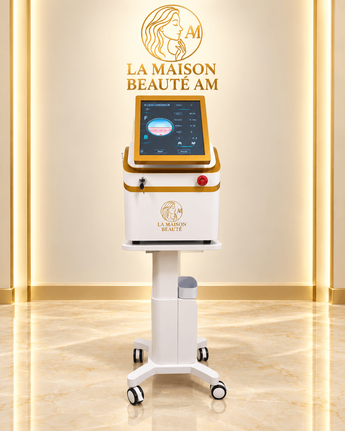 GOLD RF MICRONEEDLE marki LA MAISON BEAUTÉ AM — główne zdjęcie urządzenia z ekranem dotykowym i podstawą jezdną.