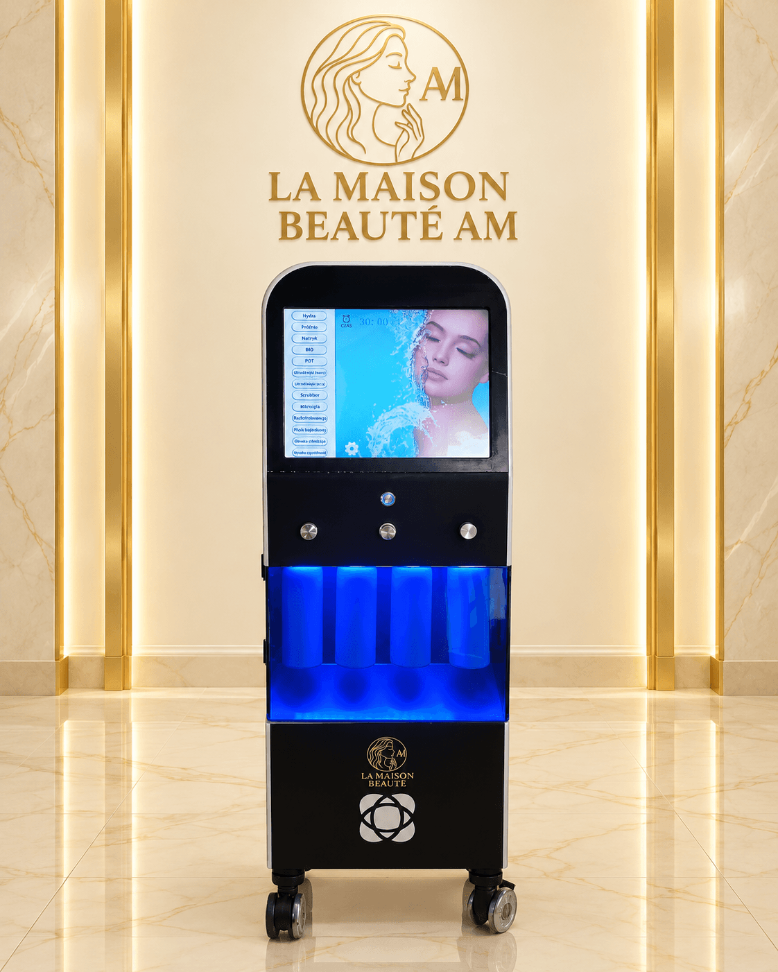 HYDRA FACIAL 14 IN 1 marki LA MAISON BEAUTÉ AM, widok frontowy z ekranem i podświetlonymi zbiornikami.